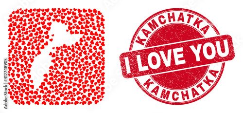 Vector mosaic Kamchatka map of lovely heart elements and grunge love seal stamp. Mosaic geographic Kamchatka map constructed as subtraction from rounded square with lovely hearts.