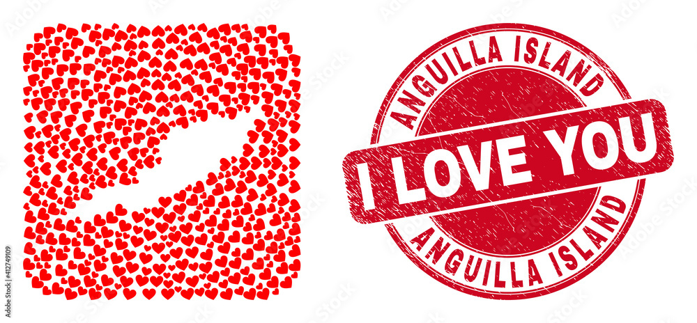 Vector mosaic Anguilla Island map of valentine heart elements and grunge love seal. Mosaic geographic Anguilla Island map constructed as subtraction from rounded square shape with valentine hearts. Vector mosaic Anguilla Island map of valentine heart elements and grunge love seal. Mosaic geographic Anguilla Island map constructed as subtraction from rounded square shape with valentine hearts.