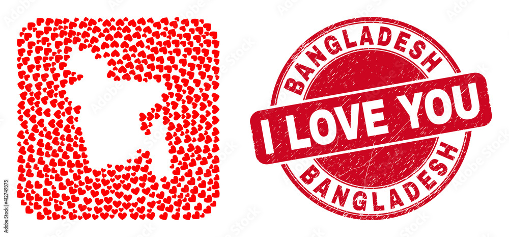 Vector collage Bangladesh map of valentine heart items and grunge love seal stamp. Collage geographic Bangladesh map designed as subtraction from rounded square shape with love hearts. Vector collage Bangladesh map of valentine heart items and grunge love seal stamp. Collage geographic Bangladesh map designed as subtraction from rounded square shape with love hearts.