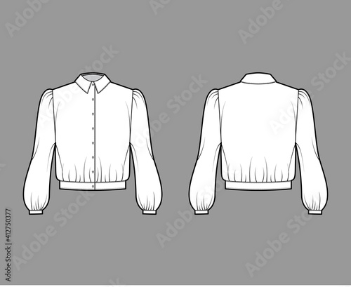 Blouson blouse technical fashion illustration with bouffant long sleeves, classic shirt neck, oversized, button up. Flat apparel top template front, back, white color. Women, men unisex CAD mockup