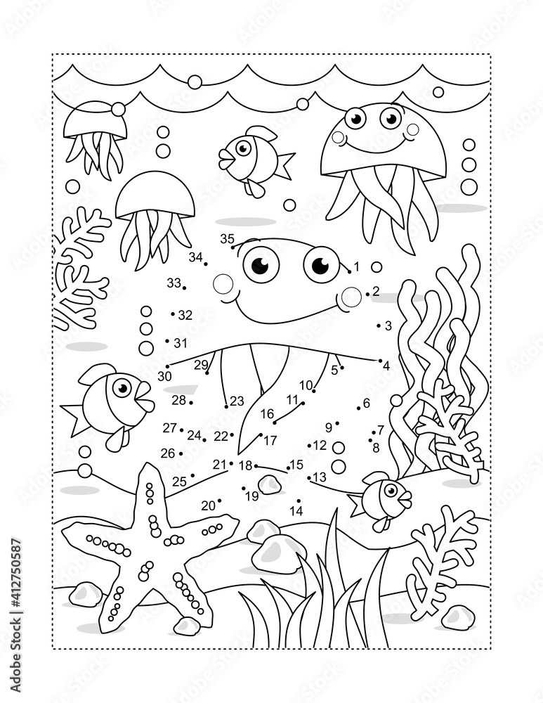 Fototapeta premium Jellyfish connect the dots full page picture puzzle and coloring page, underwater life themed, with fish, starfish, seabed, algae 