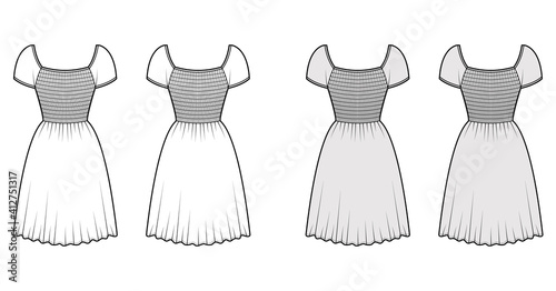 Smock shirred dress technical fashion illustration with cap sleeves, fitted body, waist elasticated, knee length. Flat apparel top template front, back, white, grey color. Women, men unisex CAD mockup