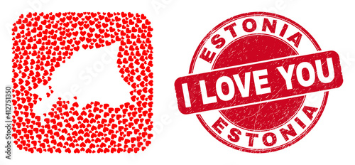 Vector collage Estonia map of love heart items and grunge love seal stamp. Collage geographic Estonia map constructed as stencil from rounded square with lovely hearts.