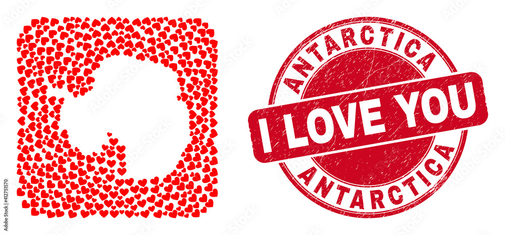Vector collage Antarctica continent map of love heart elements and grunge love badge. Collage geographic Antarctica continent map designed as carved shape from rounded square shape using love hearts. Vector collage Antarctica continent map of love heart elements and grunge love badge. Collage geographic Antarctica continent map designed as carved shape from rounded square shape using love hearts.