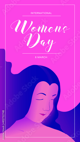 Happy international women's day vector illustration concept, beautiful girl illustration from side view. Vertical banner. can use for greeting card, poster, landing page, banner, flyer.