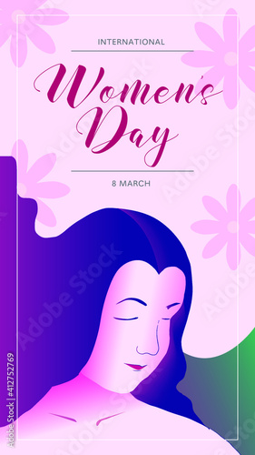 Happy international women's day vector illustration concept, beautiful girl and flower illustration from side view. Vertical banner. can use for greeting card, poster, landing page, banner, flyer.