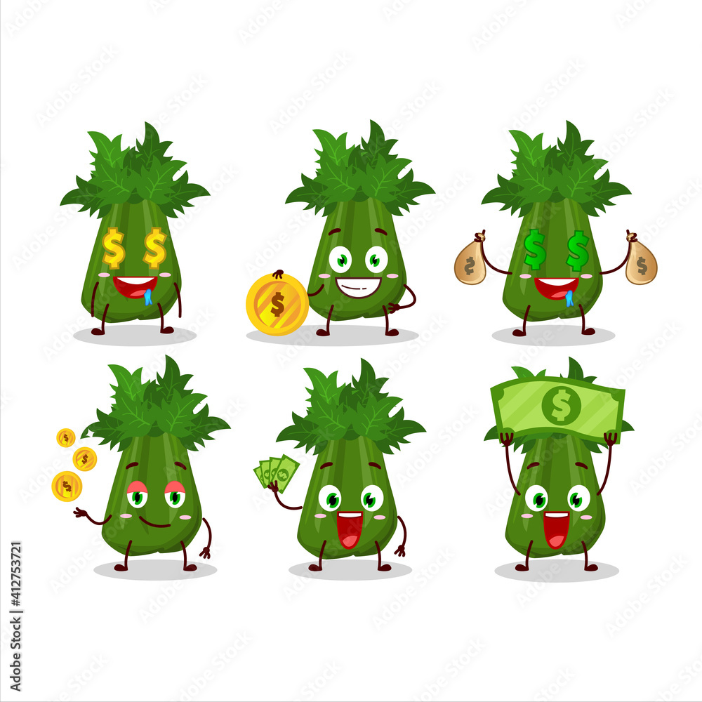 Celery cartoon character with cute emoticon bring money Celery cartoon character with cute emoticon bring money