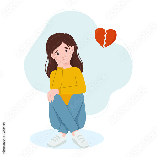 Vector illustration of a sad girl sitting on the floor. Broken heart.