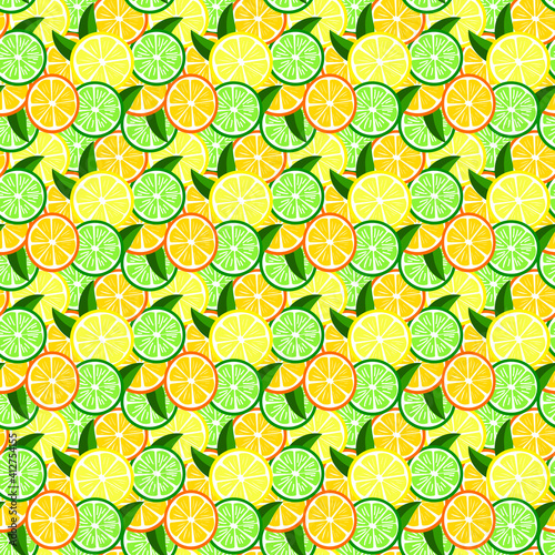 Pattern with citrus fruits and leaves. Lime, orange and lemon - fruit illustration. Modern vector design for decor, packaging, covers, fabrics.