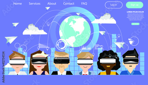 People using technology  virtual reality glasses. modern design idea  concept vector Infographics template.