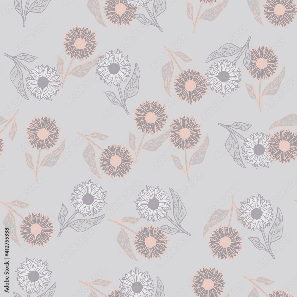 Pale palette seamless pattern with doodle simple sunflowers silhouettes. Scrapbook nature print.
