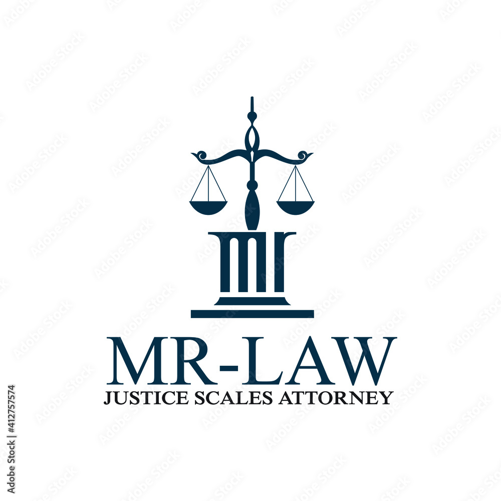 MR lettering attorney pillar mr law scales of justice simbol design exclusive inspiration