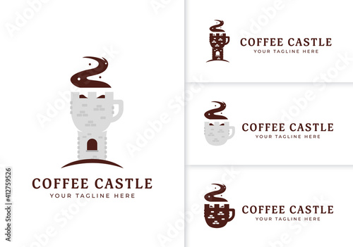 Coffee medieval castle unique cafe logo icon set, stone castle tower as coffee mug logo concept