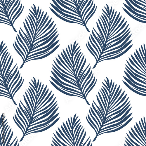 Vintage isolated seamless pattern with doodle navy blue fern leaf silhouettes. White background.