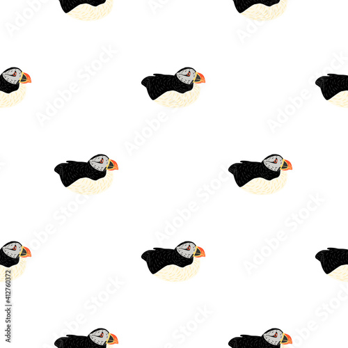 Seamless isolated zoo arctic pattern with doodle black puffin ornament. White background. Simple design.
