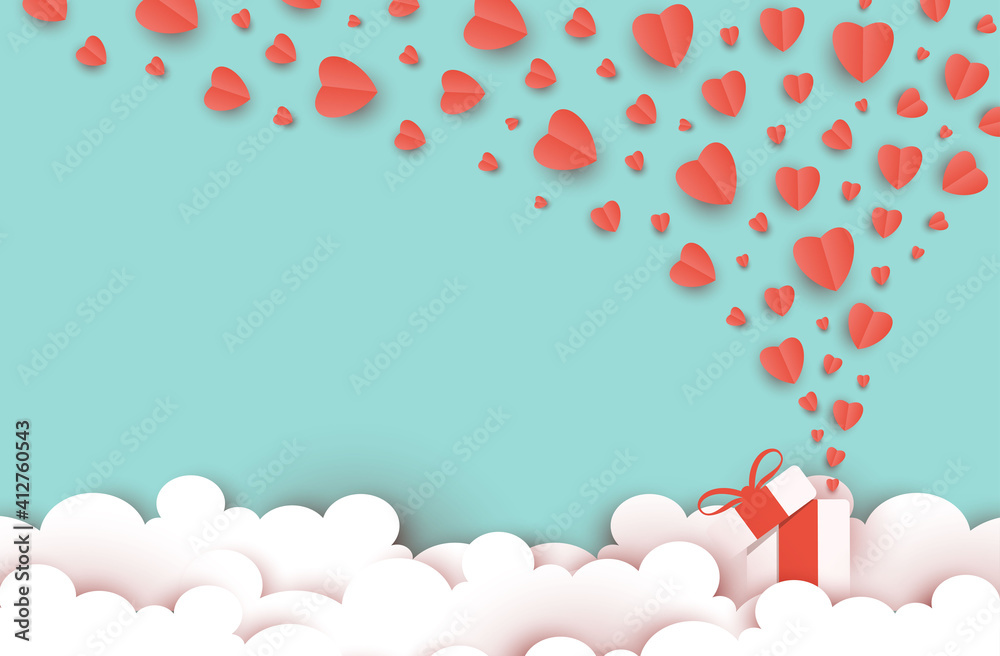 illustration gift box with flying love and valentine day, Origami paper cut style, heart float on the sky, decoration cloud creative art, digital craft vector