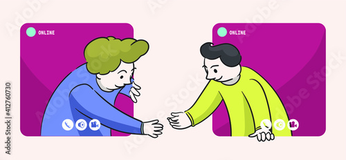 Two man get through the computer screen try to do the hand shaking after make a agreement via chatting program.