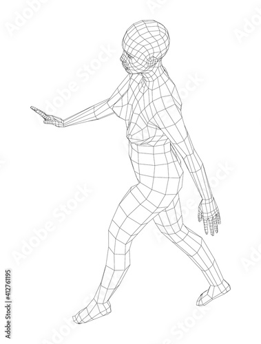 Wireframe walking woman. Vector