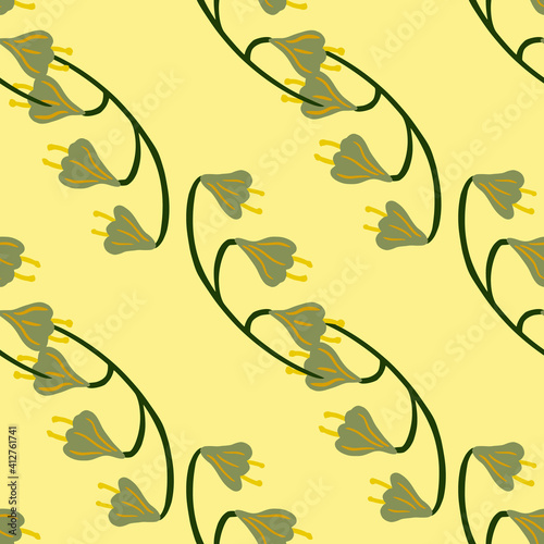 Botanic nature seamless pattern with green colored bell flower shapes. Light orange background.