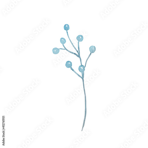 Watercolor blue branch with small blue berries