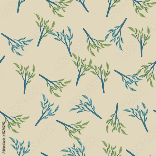 Random pastel tones seamless pattern with blue and green colored leaves branches shapes. Pink pale background. © Lidok_L