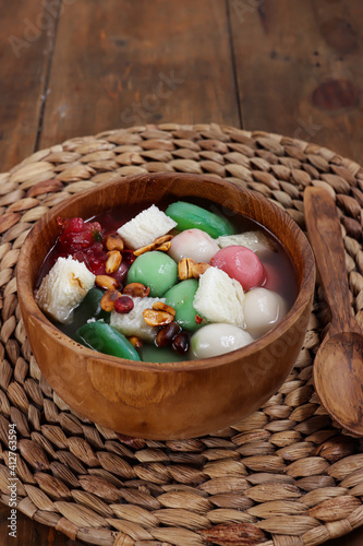 Wedang Sekoteng. Traditional Javanese warm dessert of glutinous rice ball, sago pearls, toddy palm fruit, bread cubes and peanuts in fragrant ginger soup.