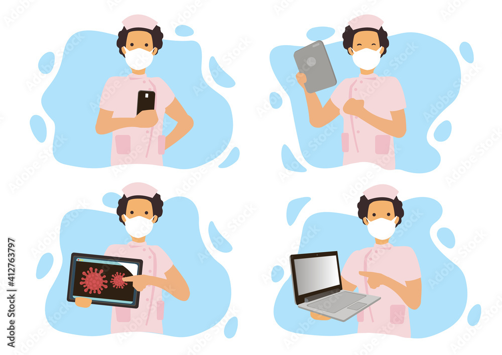 Set of four female nurses wearing surgical mask with different action