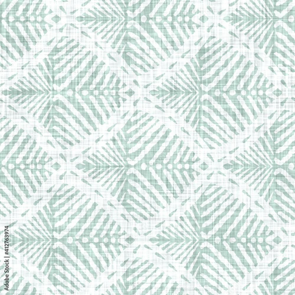 Aegean teal mottled geo patterned linen texture background. Summer coastal living style home decor fabric effect. Sea green wash grunge distressed geometric grid. Decorative textile seamless pattern
