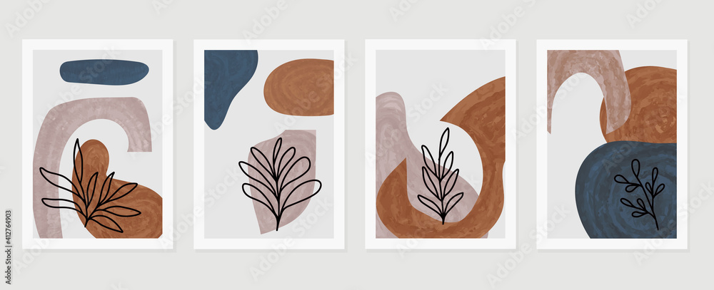 Botanical wall art vector set. Earth tone background foliage line art drawing with abstract shape and watercolor. Design for wall framed prints, canvas prints, poster, home decor, cover, wallpaper.