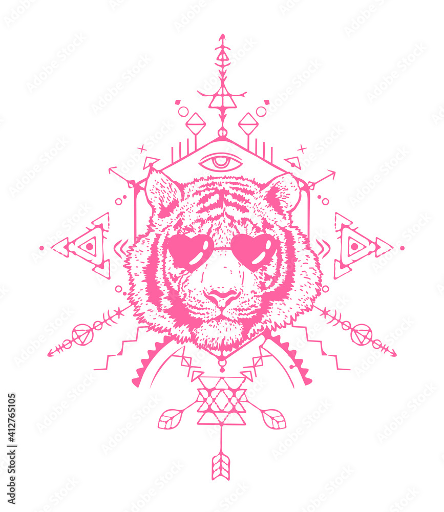 Pink tiger head in sunglasses. Sacred geometry. Detailed drawing of a tiger. Pink tiger head in sunglasses. Sacred geometry. Detailed drawing of a tiger.