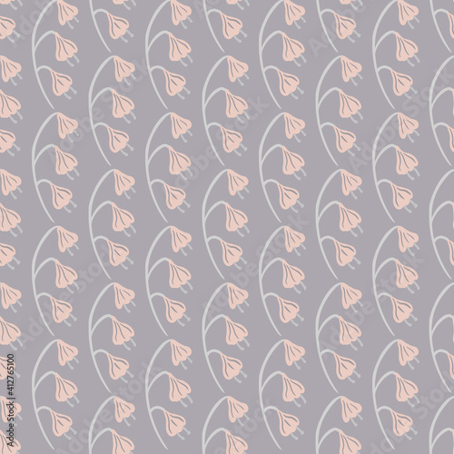 Doodle nature field seamless pattern with simple pink bluebell flowers ornament. Pastel purple background.