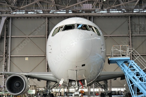 Passenger jet aircraft under maintenance in the hangar - 格納庫の飛行機 整備