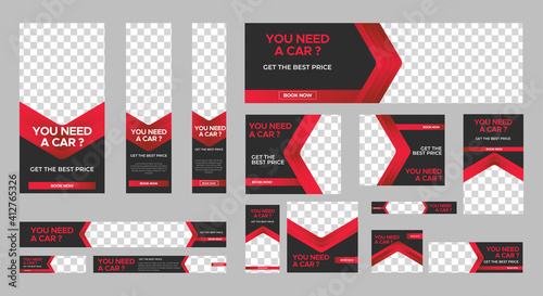 set of Rent Car web banners of standard size with a place for photos. Vertical, horizontal and square template. Vector EPS