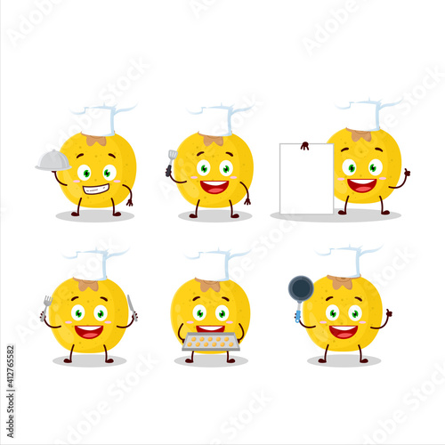 Cartoon character of nance fruit with various chef emoticons