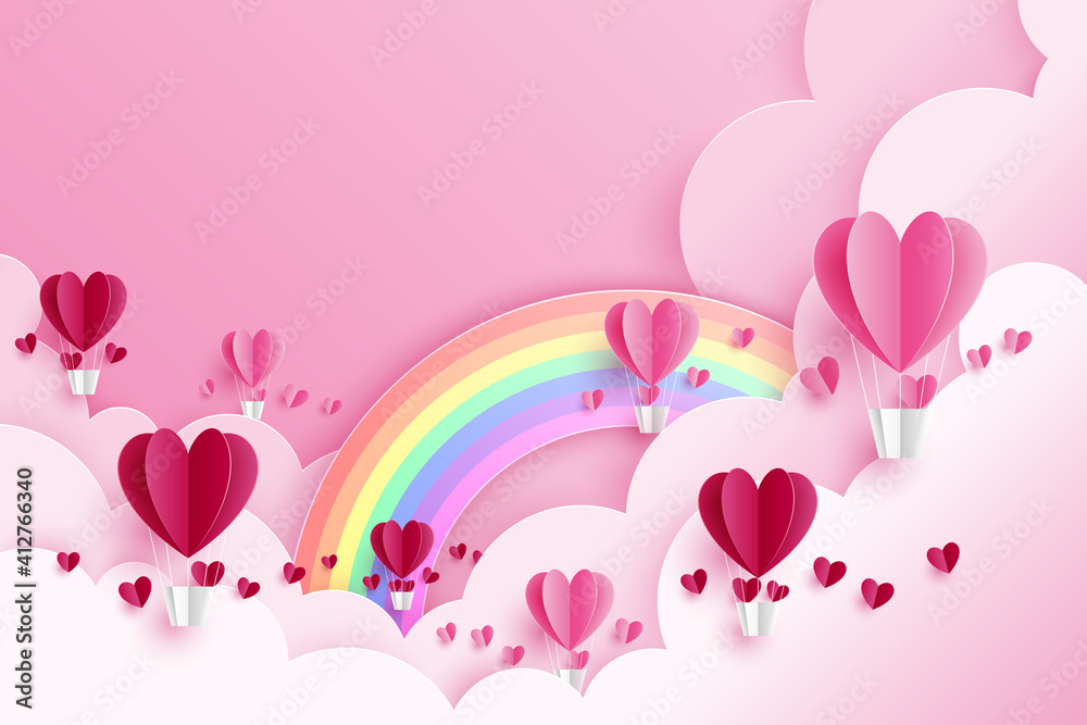cute vector background of love and valentine day with pink heart balloon flouting on pink sky with clouds and rainbow. origami, paper cut style.