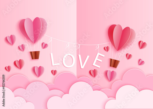 Valentine's day vector illustration with pink heart balloons, garland text love and mini hearts on pink background with clouds, origami, papercraft style