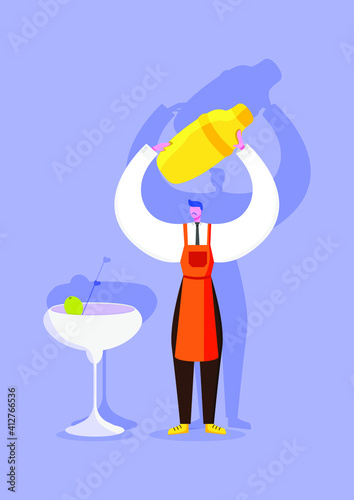 bartender with a shaker and a glass of margarita. vector isolated image on lilac background.