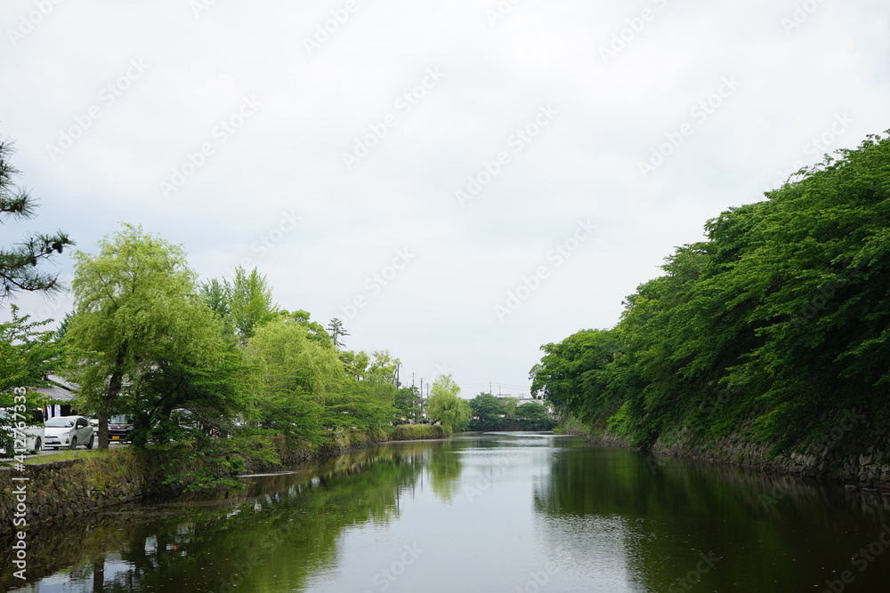 Moat, broad ditch at Hikone castle in Shiga Prefecture, Japan - 彦根城 お堀 城壁 日本 滋賀