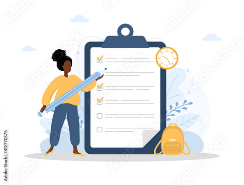 Month planning or to do list concept. African woman with a giant pencil standing near large checklist on a clipboard paper. Vector illustration in flat cartoon style.