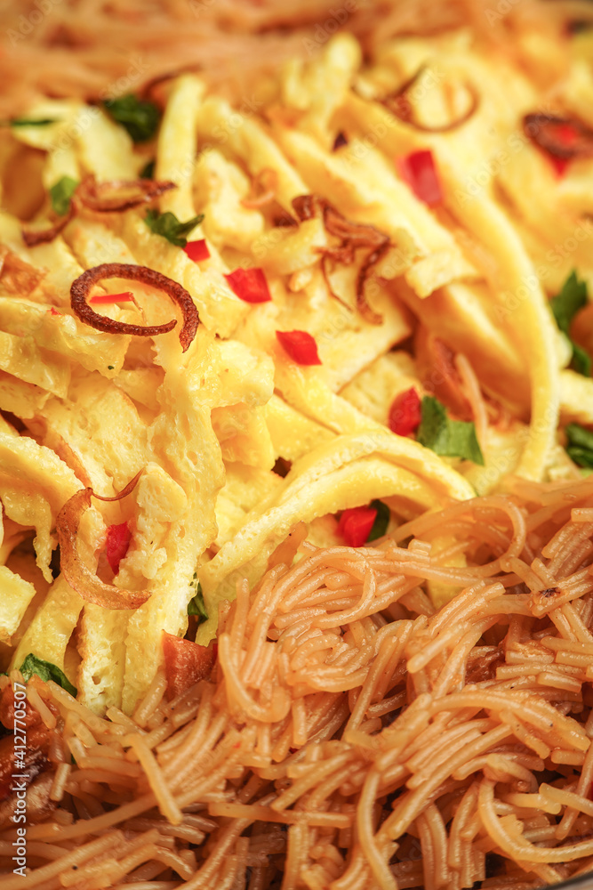 fried vermicelli noodles served with sliced omelet on white background fried vermicelli noodles served with sliced omelet on white background
