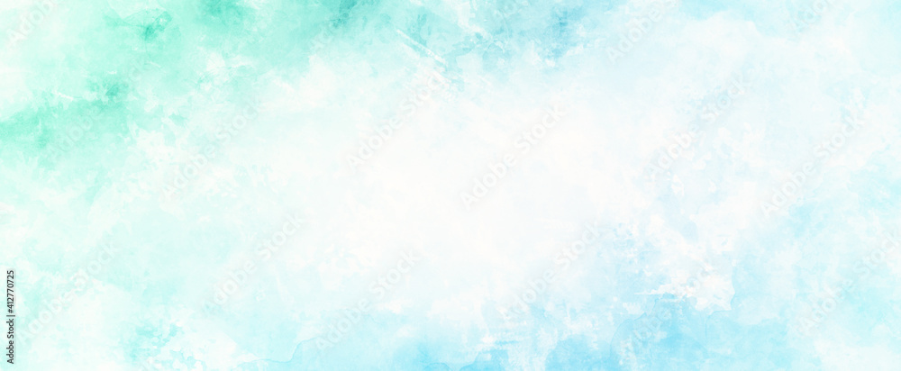 blue green and white background of watercolor clouds texture, abstract painted white smoke or haze in blotches and blobs on pastel blue green border