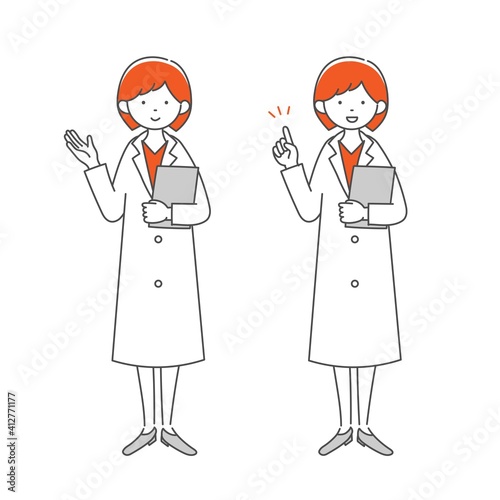 患者に説明をする薬剤師または女医の全身イラスト