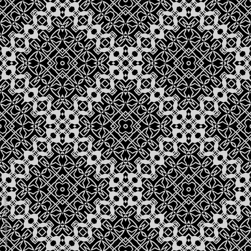 Geometric vector pattern with triangular elements. Seamless abstract ornament for wallpapers and backgrounds. Black and white colors.