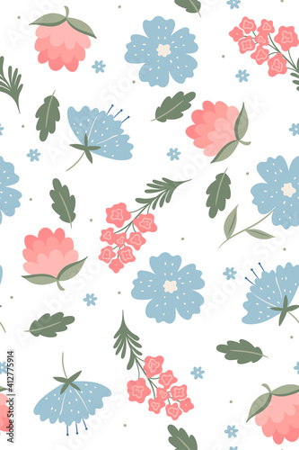 Seamless pattern with spring flowers on a white background. Vector graphics.