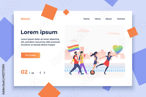 Men and women in pride parade. Diversity, discrimination, freedom concept. Vector illustration can be used for topics like tolerance, homophobia, social rights