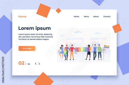 People holding LGBTQ flags in pride parade in city. Diversity, discrimination, freedom concept. Vector illustration can be used for topics like tolerance, homophobia, social rights