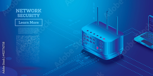 Cyber Security Isometric Concept. Gateway Preventing Cyber Attacks. Security Services.
