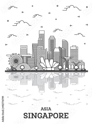 Outline Singapore City Skyline with Modern Buildings and Reflections Isolated on White.