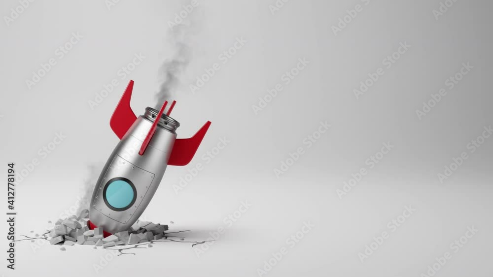 Red and Metal Cartoon Style Spaceship Crashed on Gray Background with Copy Space 3D Animation, Startup Business Failure Concept