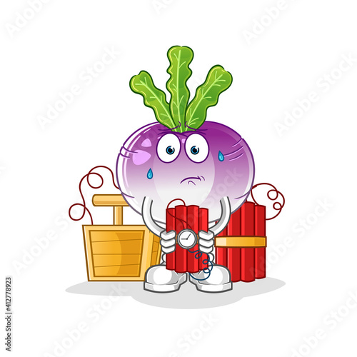 turnip holding dynamite character. cartoon mascot vector